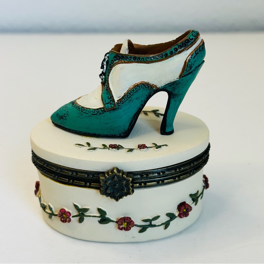 Green White Floral High Heel‎ Vintage Trinket Box
